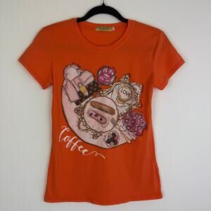 Vinizbena Womens Designed In Italy Coffee Love Rhinestone Orange T-Shirt Small
